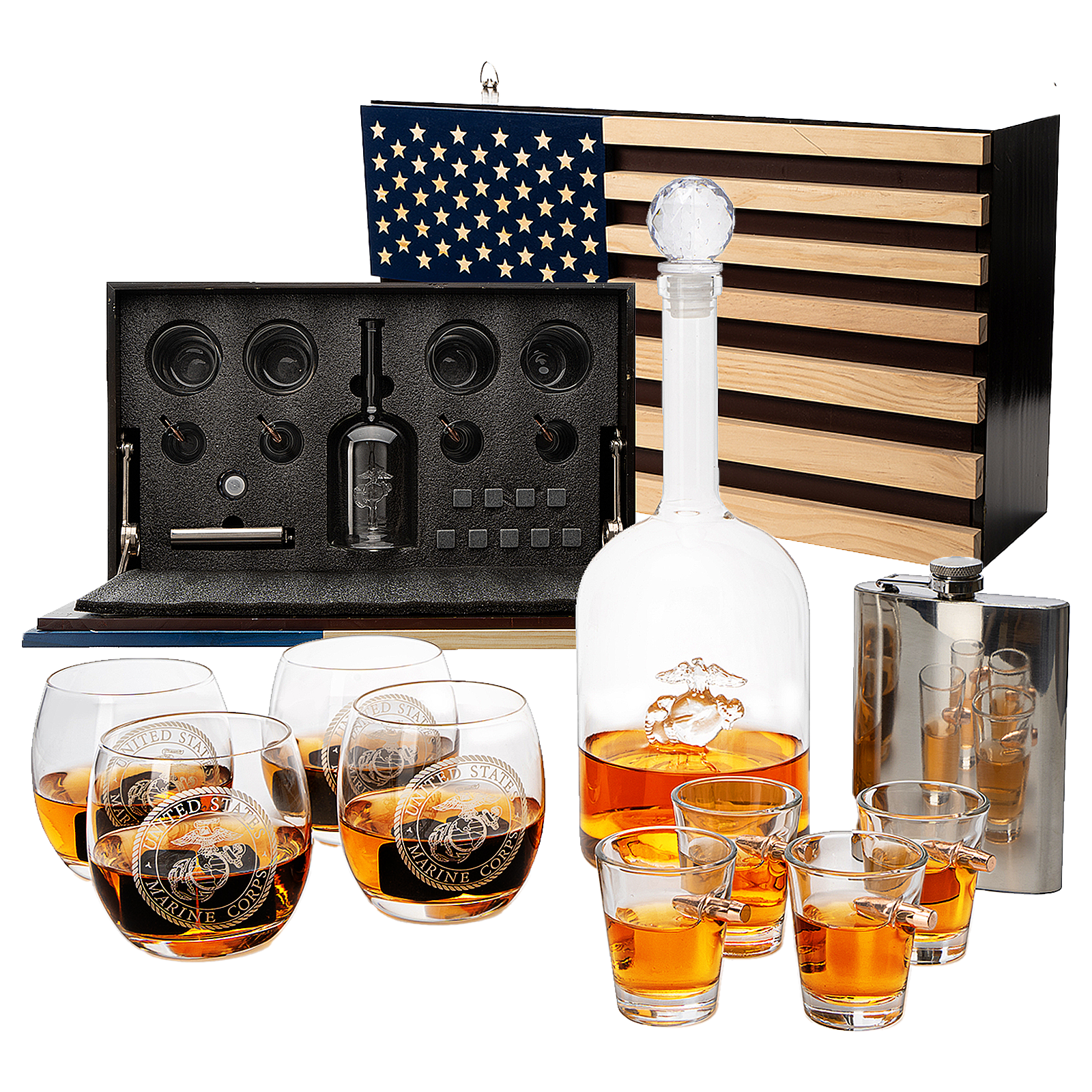 Marine Big Box Wall Decor Murphy with Decanter, 4 whiskey glasses, 4 shot glasses, marine flask, marine gifts-0