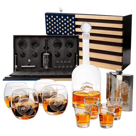 Marine Big Box Wall Decor Murphy with Decanter, 4 whiskey glasses, 4 shot glasses, marine flask, marine gifts-0