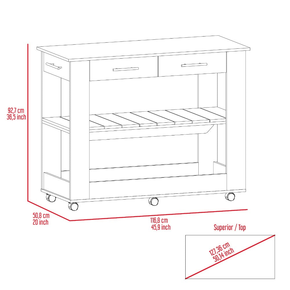 Kitchen Island 46 Inches Dozza, Two Drawers, White / Light Oak Finish-7