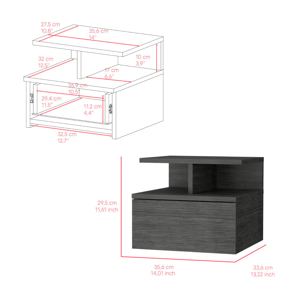 Nightstand Floating Flopini with 1-Drawer and Shelves, Smokey Oak Finish-6