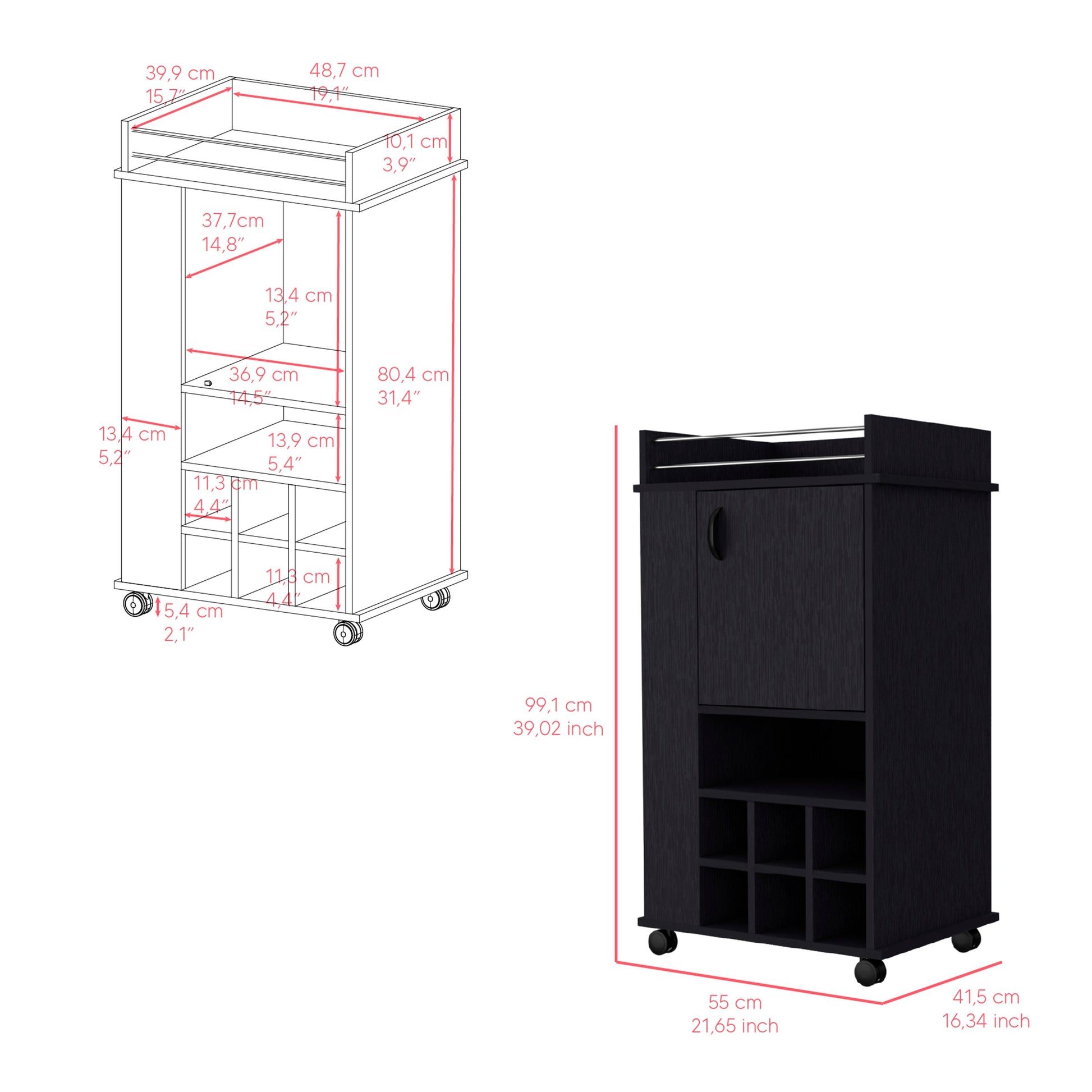 Bar Cart with Casters Reese, Six Wine Cubbies and Single Door, Black Wengue Finish-6