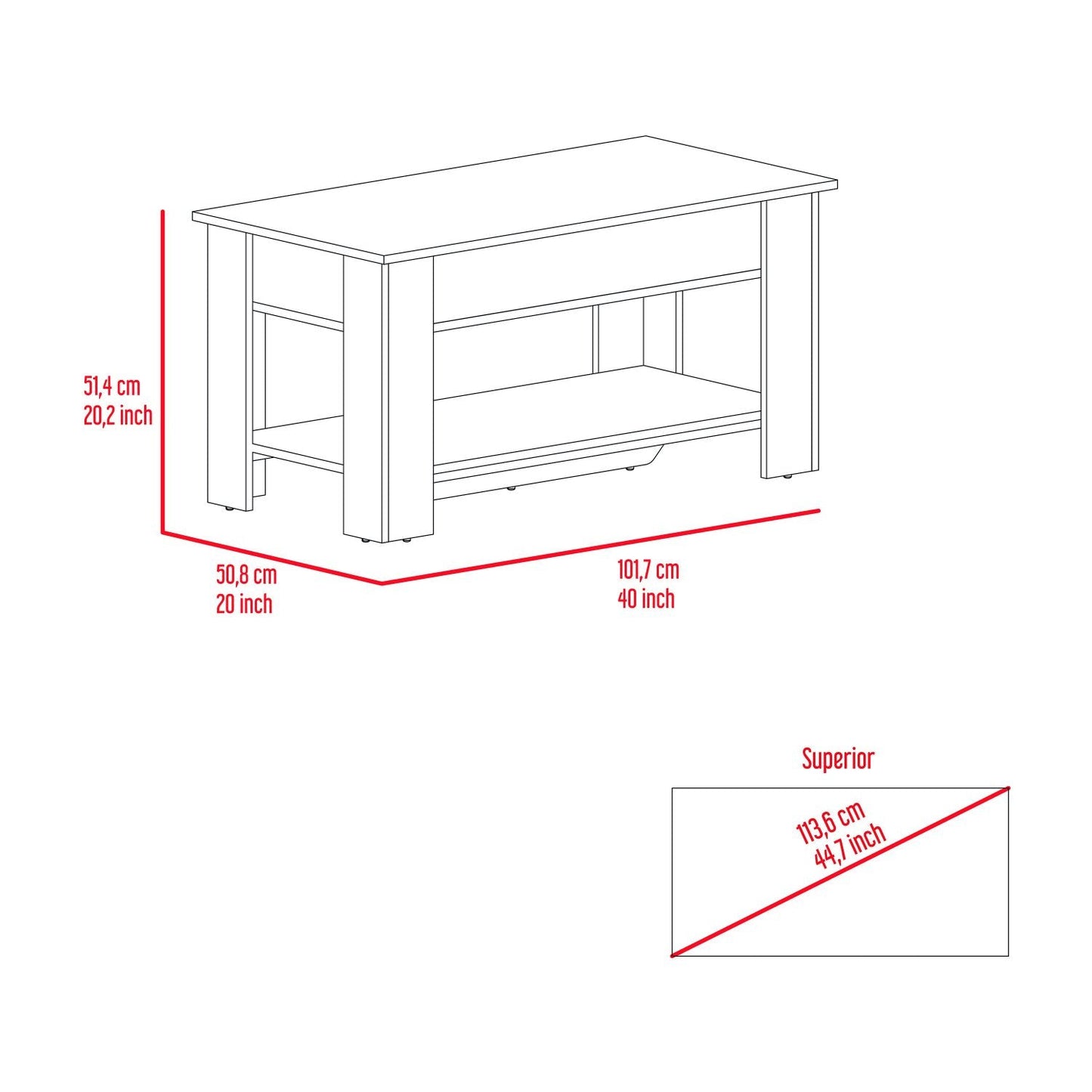 Storage Table Polgon, Extendable Table Shelf, Lower Shelf, Light Oak / White Finish-7