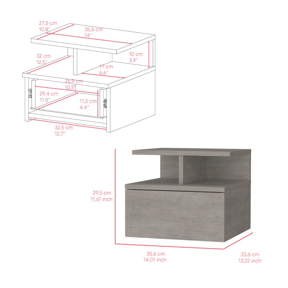 Nightstand Floating Flopini with 1-Drawer and Shelves, Concrete Gray Finish-6