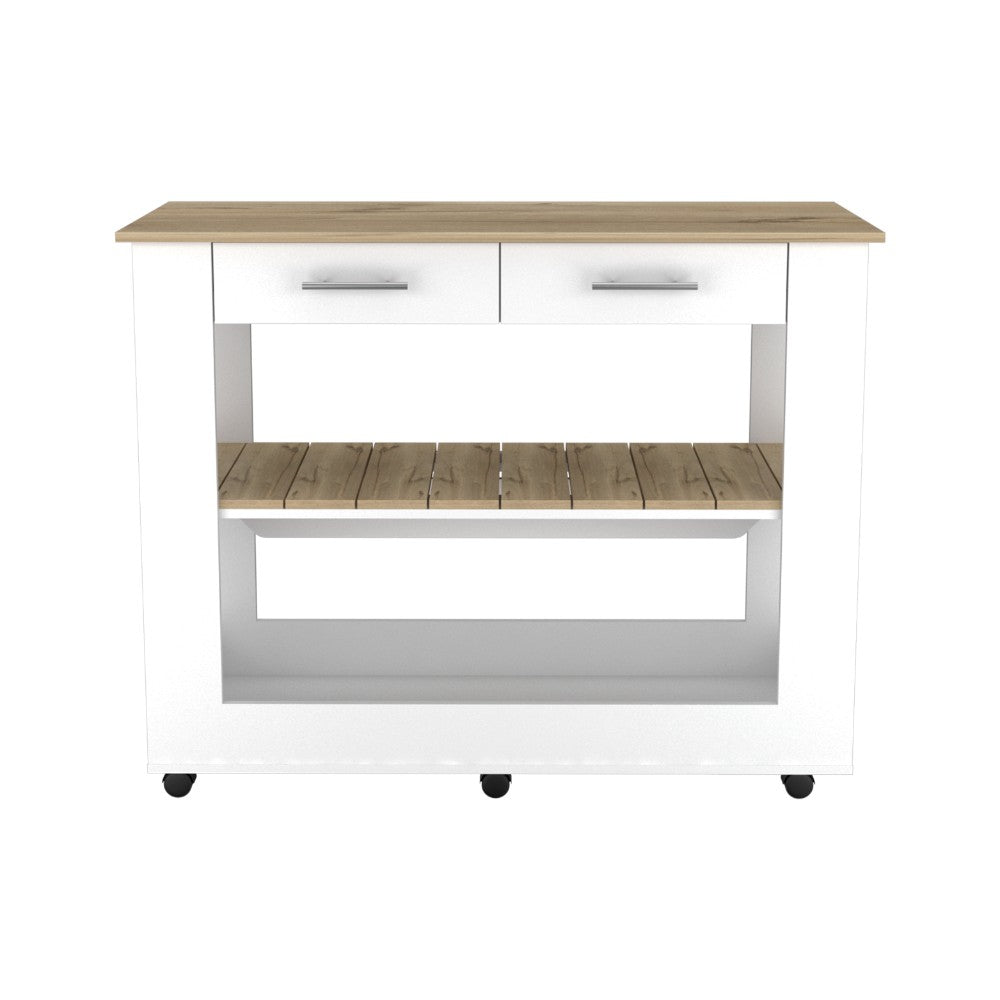 Kitchen Island 46 Inches Dozza, Two Drawers, White / Light Oak Finish-5