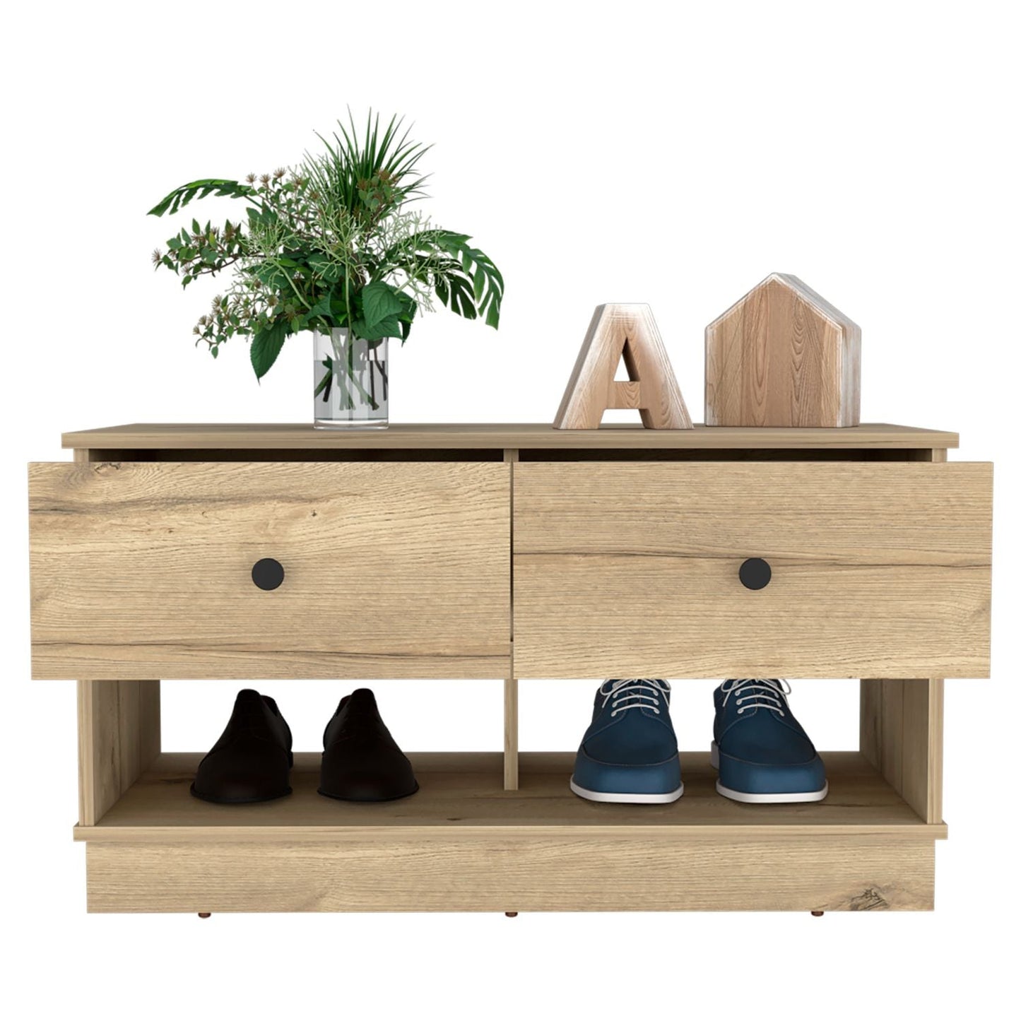 Storage Bench Beji, Lower Shelf, Two Drawers, Light Oak Finish-3