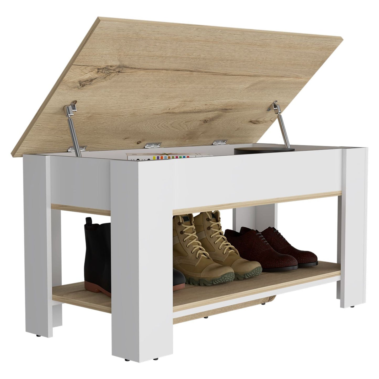 Storage Table Polgon, Extendable Table Shelf, Lower Shelf, Light Oak / White Finish-5