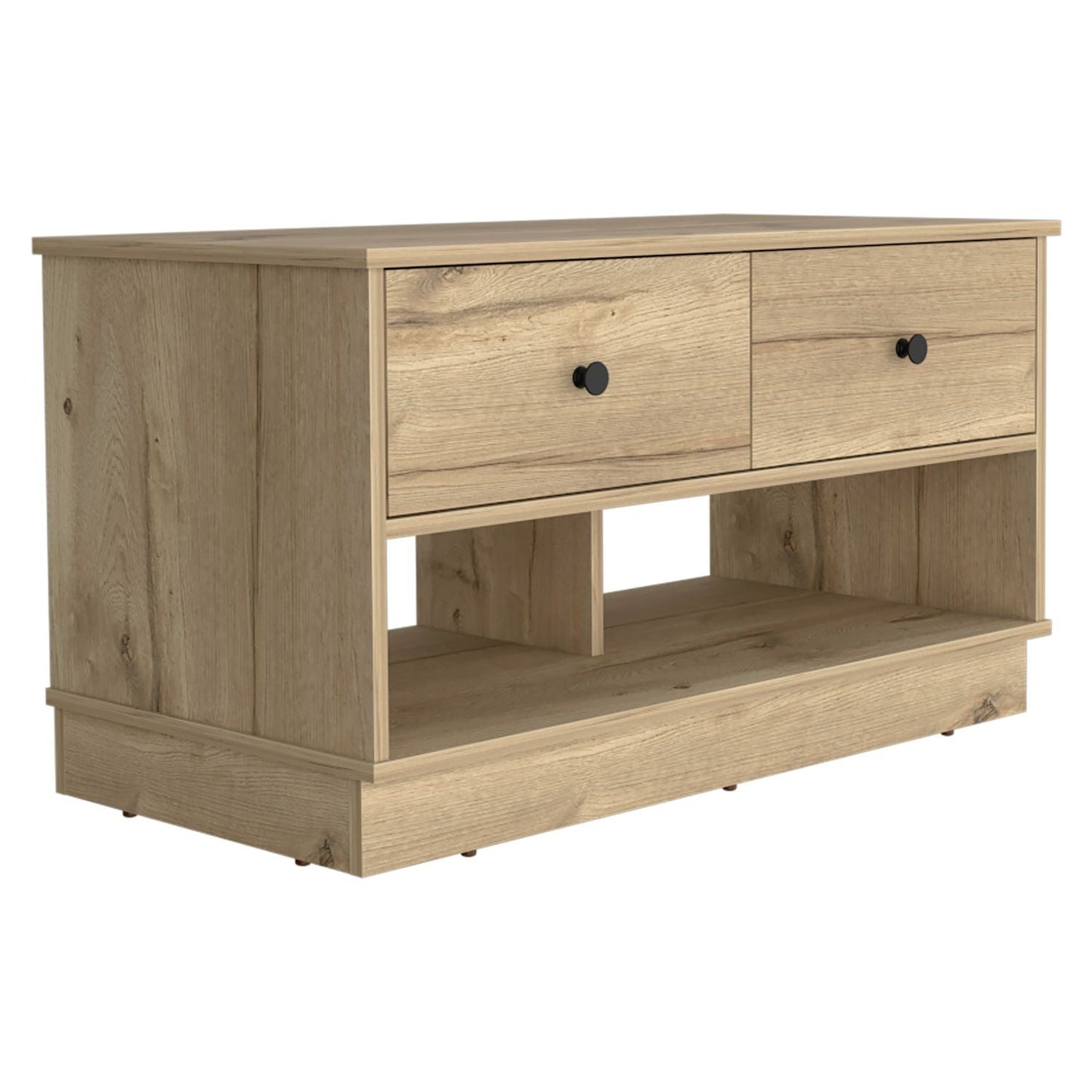 Storage Bench Beji, Lower Shelf, Two Drawers, Light Oak Finish-6
