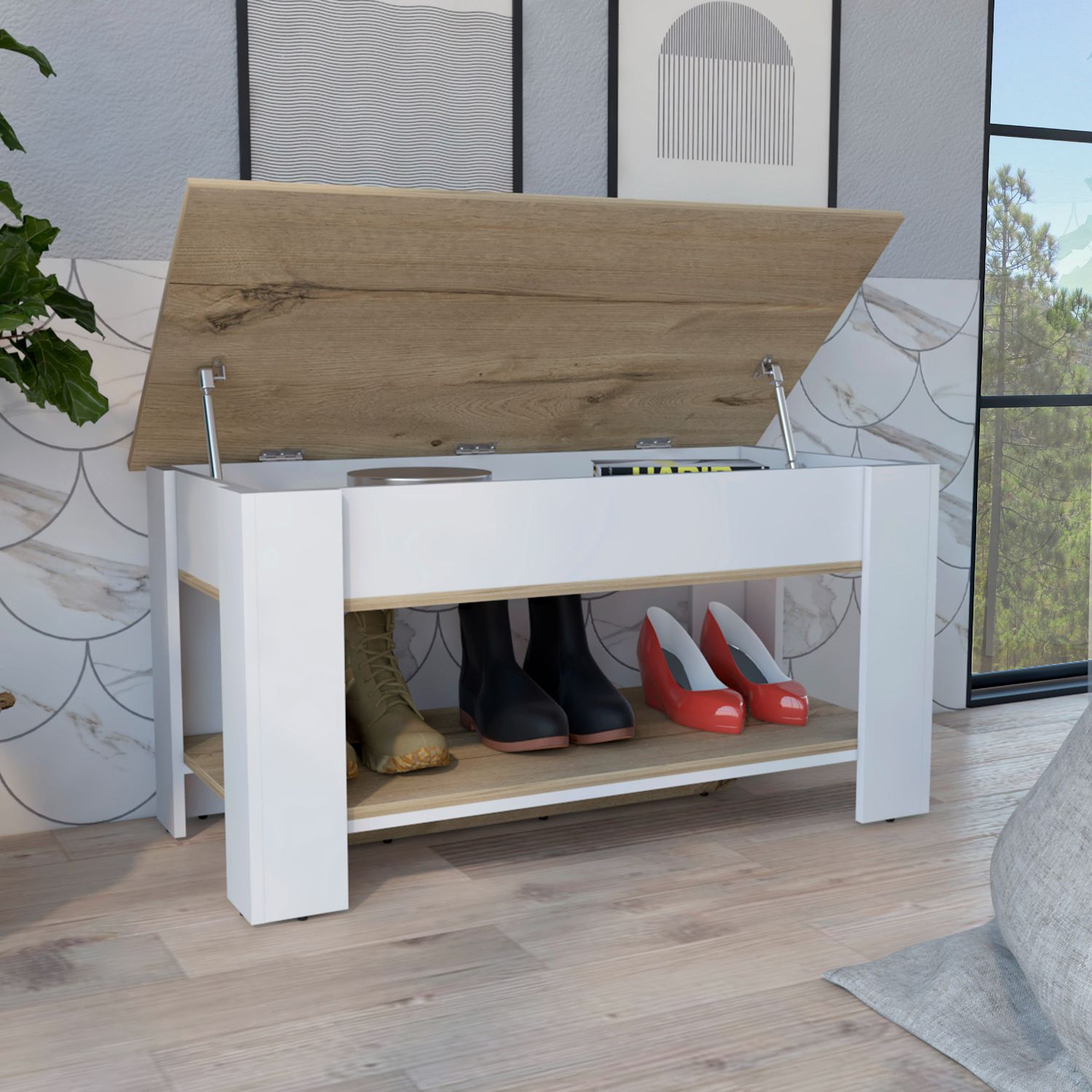 Storage Table Polgon, Extendable Table Shelf, Lower Shelf, Light Oak / White Finish-1