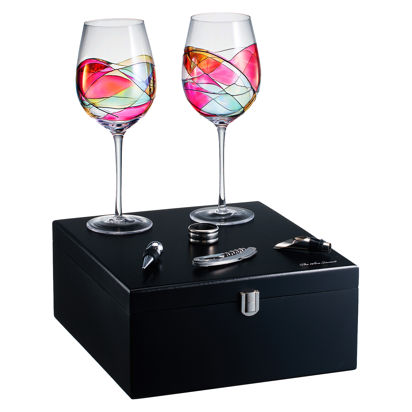 Painted STEMMED wine glass box set - opener, stopper, drip ring, wine pourer - 2 glasses-0