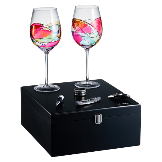 Painted STEMMED wine glass box set - opener, stopper, drip ring, wine pourer - 2 glasses-0