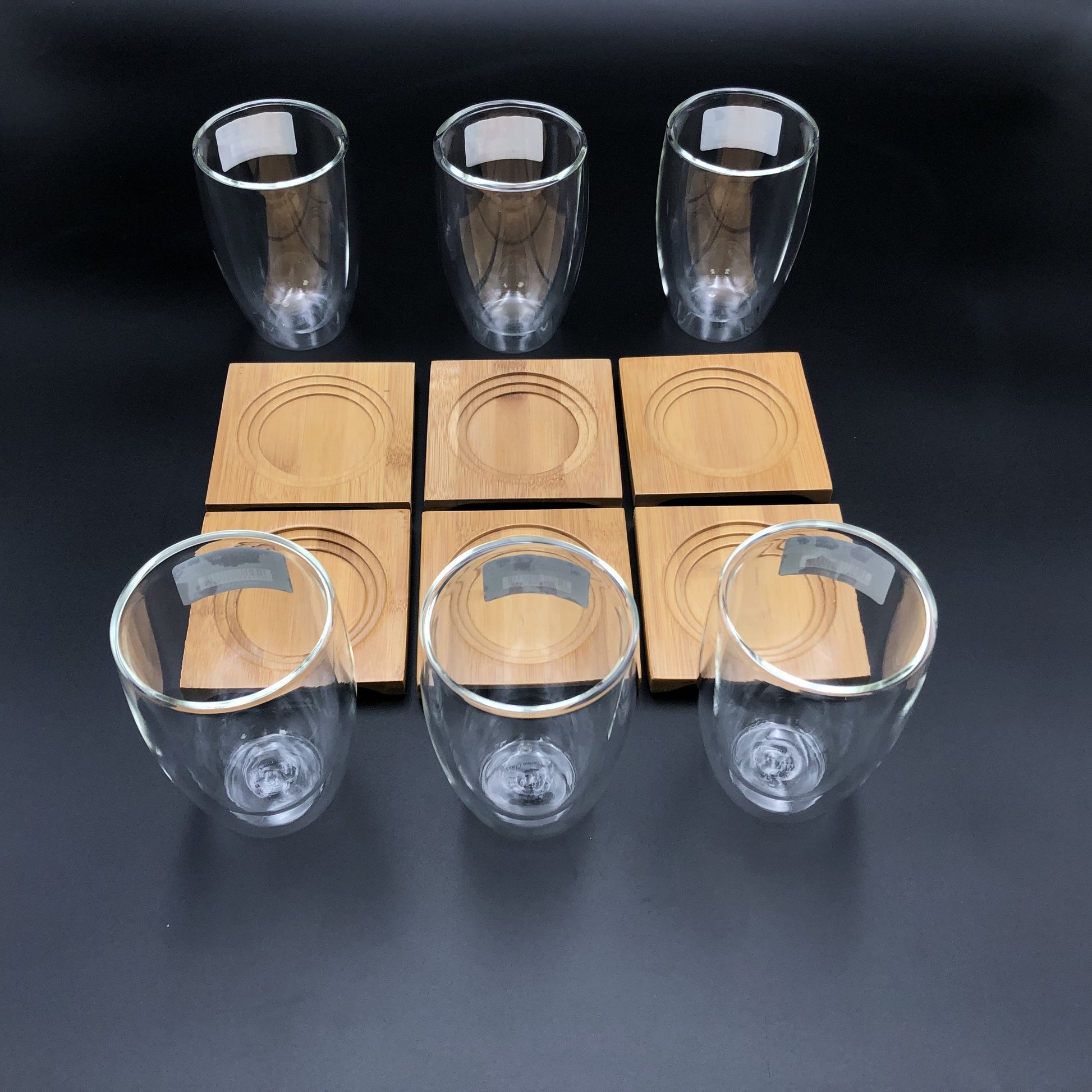 A Set Of 6 Bamboo Coaters/ Trays With 6 Doublewalled Thermo Glasses To Match-0