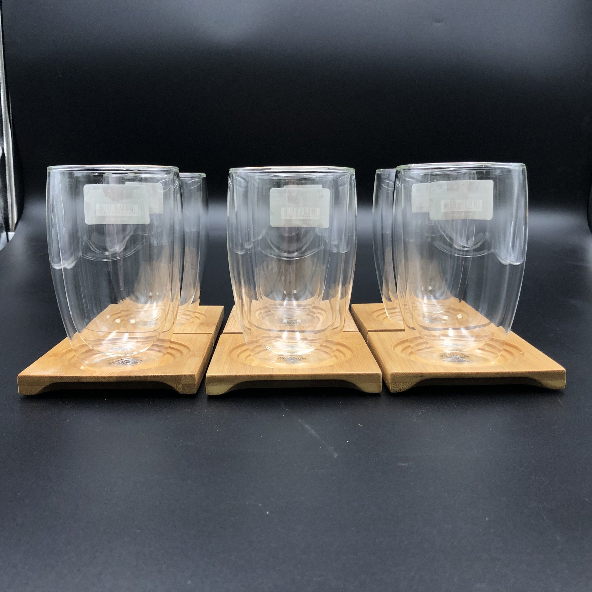 A Set Of 6 Bamboo Coaters/ Trays With 6 Doublewalled Thermo Glasses To Match-7