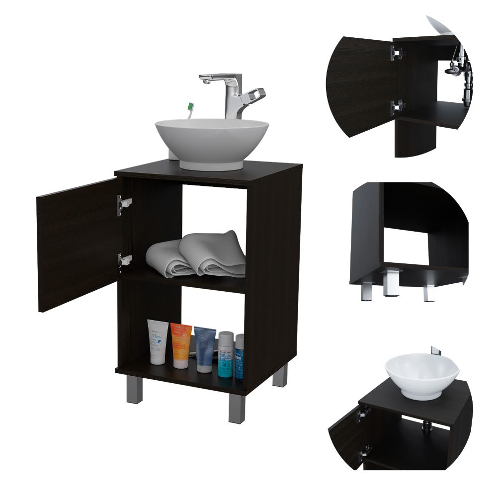 Single Bathroom Vanity Pigmag, One Open Shelf, Single Door Cabinet, Black Wengue Finish-6