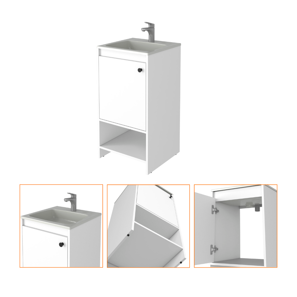 Bathroom Vanity Poket, Single Door Cabinet, Two Shelves, White Finish-4