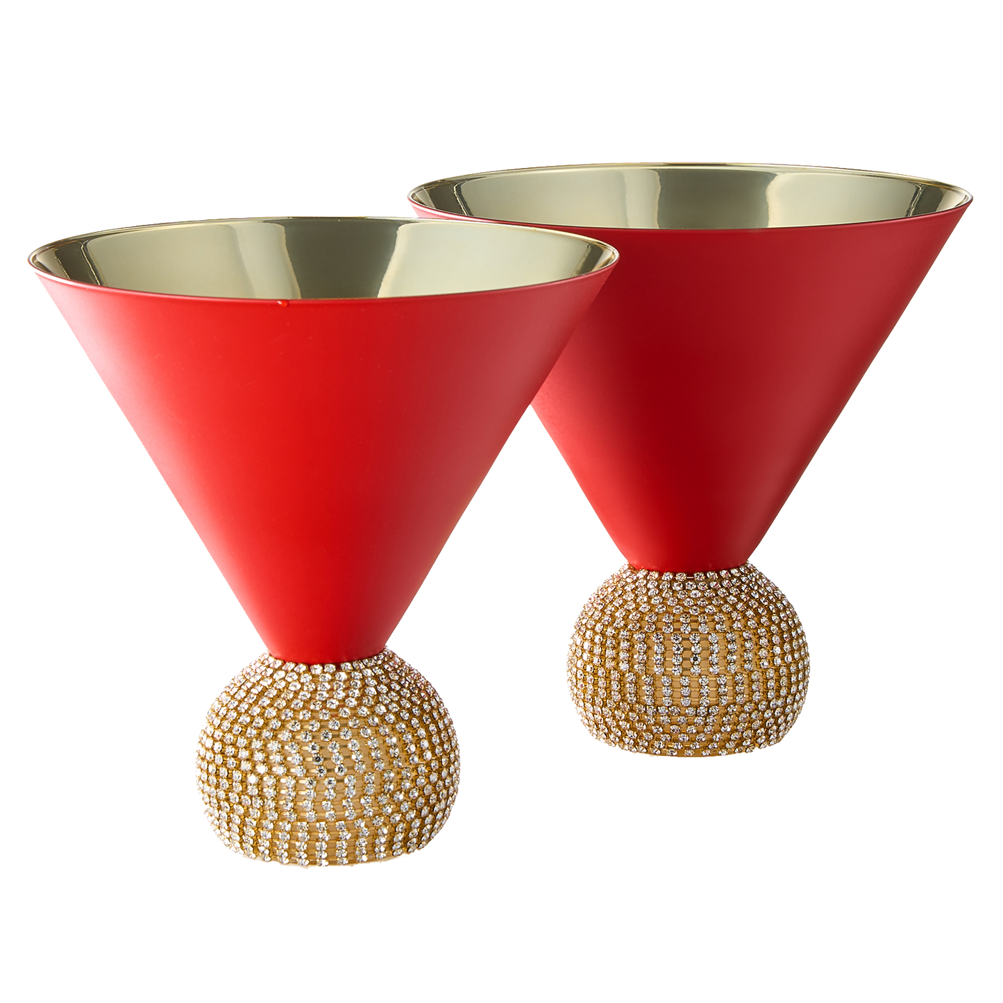 The Wine Savant Diamond Studded Martini Glasses Set of 2 Matte Red & Gold Modern Cocktail Glass, Rhinestone Diamonds With Stemless Crystal Ball Base, Bar or Party 10.5oz, Swarovski Style Crystals-0