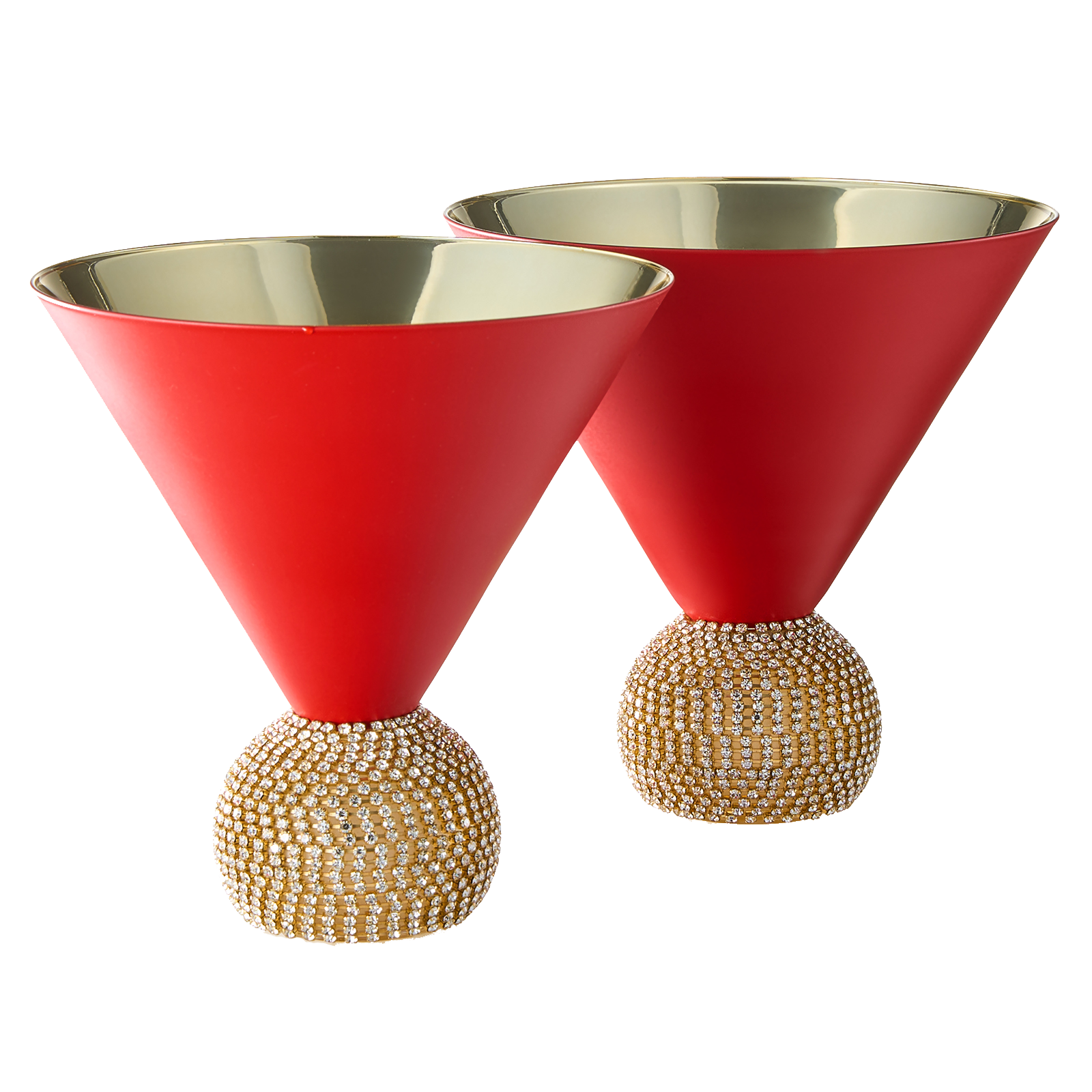 The Wine Savant Diamond Studded Martini Glasses Set of 2 Matte Red & Gold Modern Cocktail Glass, Rhinestone Diamonds With Stemless Crystal Ball Base, Bar or Party 10.5oz, Swarovski Style Crystals-0