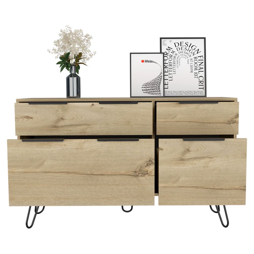 Double Dresser Skyoner, Superior Top, Hairpin Legs, Four Drawers, Light Oak Finish-2