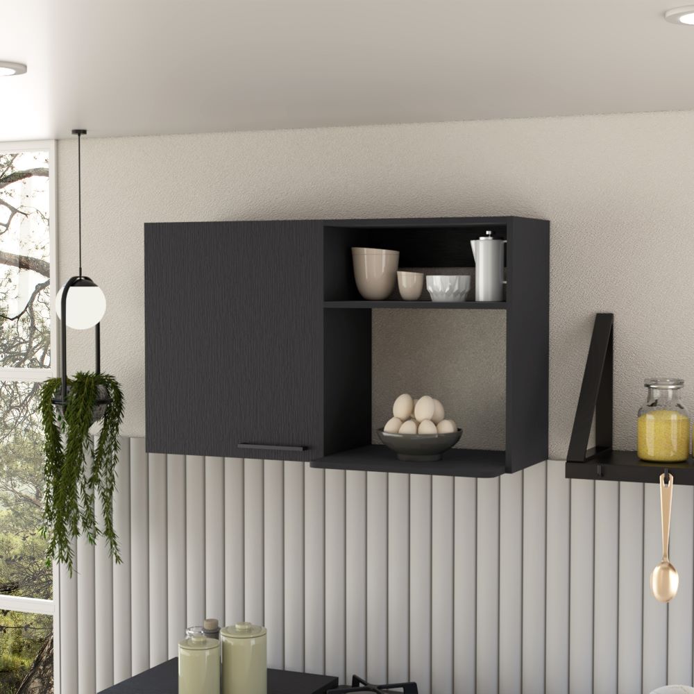 Kitchen Wall Cabinet Bussolengo, Two Shelves, Black Wengue Finish-0