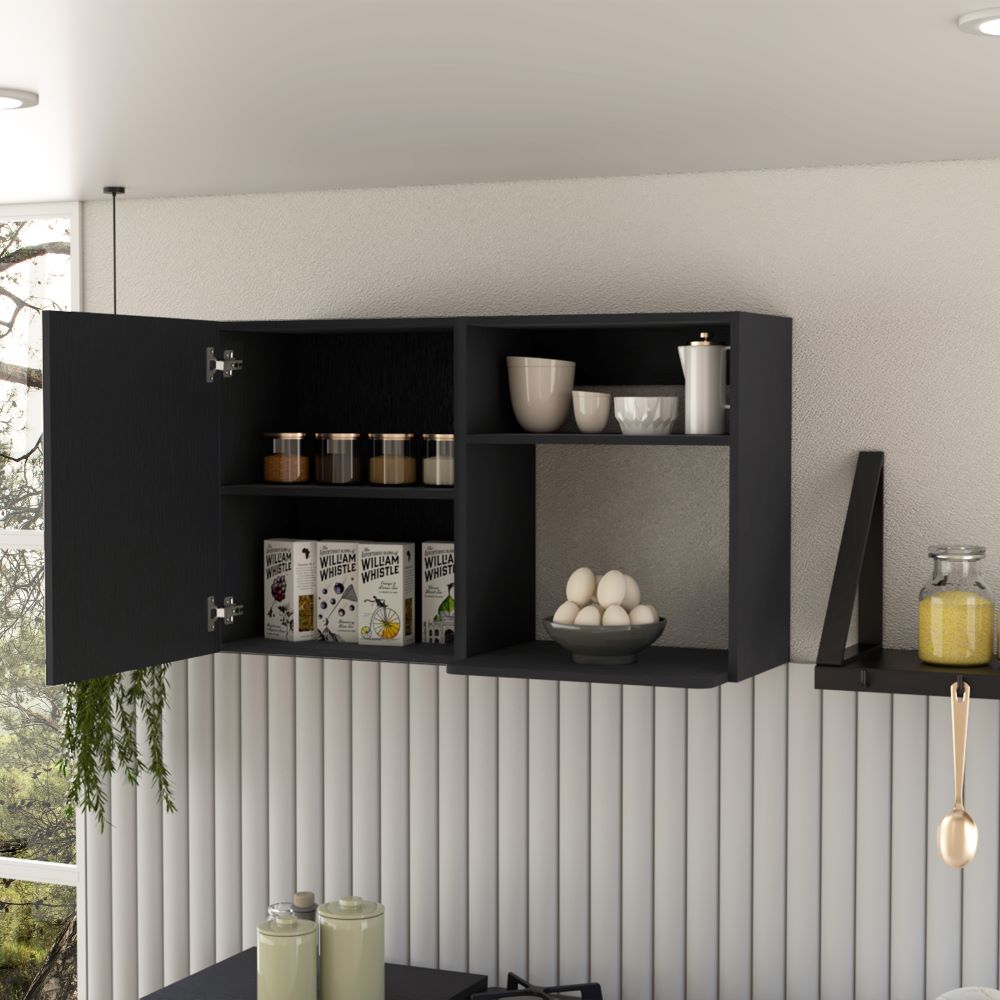 Kitchen Wall Cabinet Bussolengo, Two Shelves, Black Wengue Finish-1