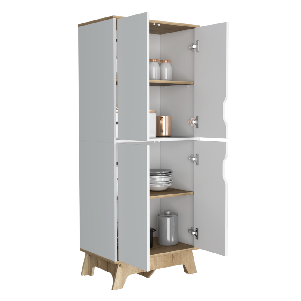 Double Kitchen Pantry Wallas, Double Door, Four Legs, Four Shelves, Light Oak / White Finish-4