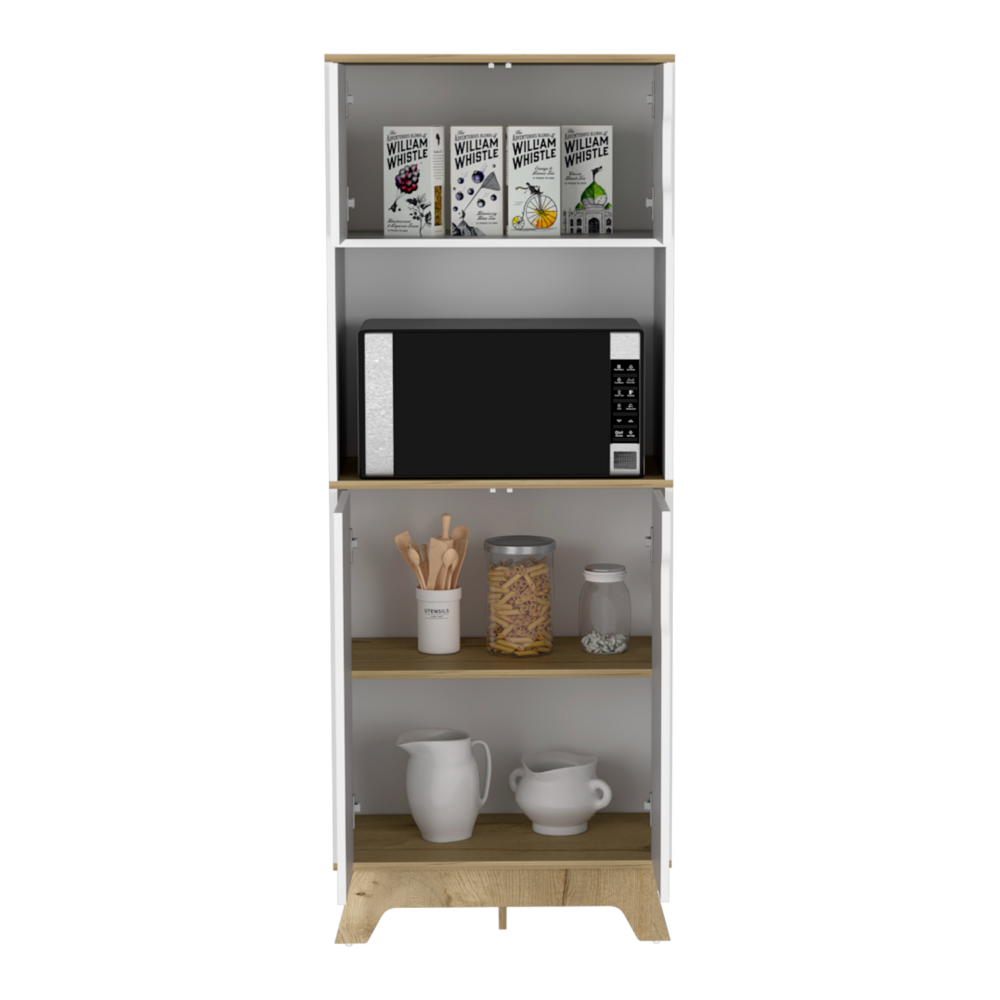 Microwave Tall Cabinet Wallas, Counter Surface, Top- Lower Double Doors, Light Oak / White Finish-2