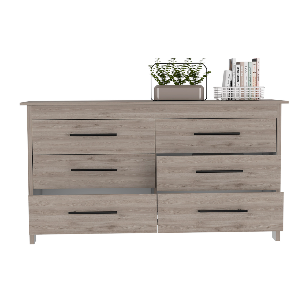 6 Drawer Double Dresser Wezz, Four Legs, Superior Top, Light Gray Finish-2