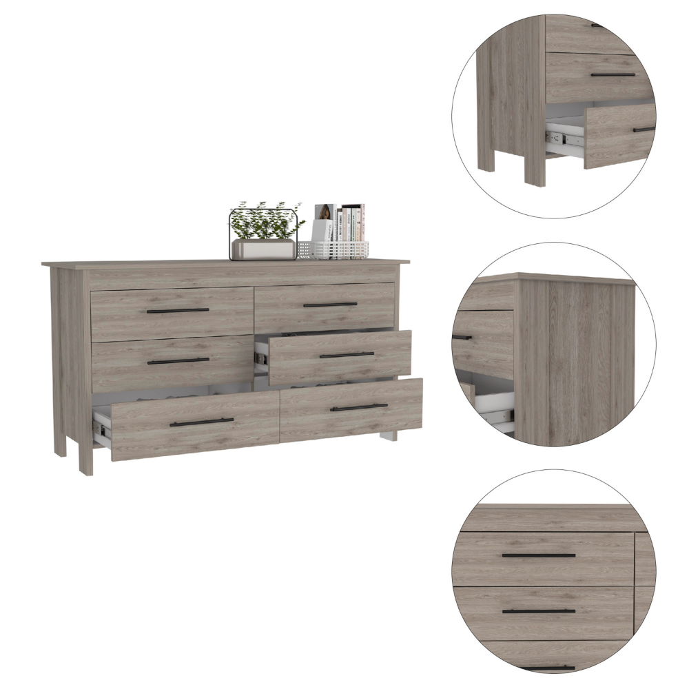 6 Drawer Double Dresser Wezz, Four Legs, Superior Top, Light Gray Finish-6