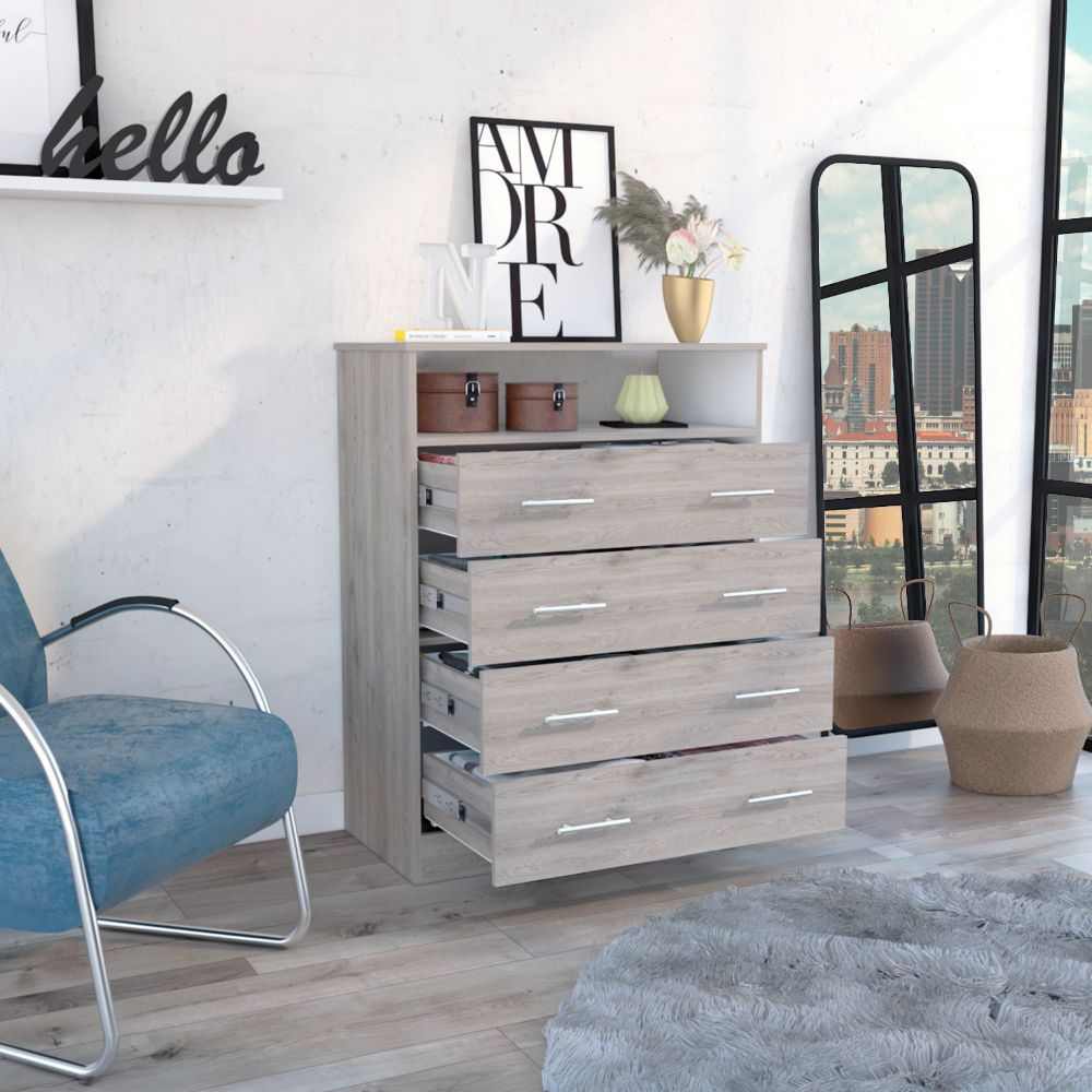 Four Drawer Dresser Wuju, One Shelf, Light Gray / White Finish-1