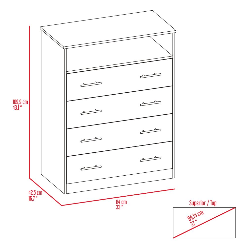 Four Drawer Dresser Wuju, One Shelf, Light Gray / White Finish-7