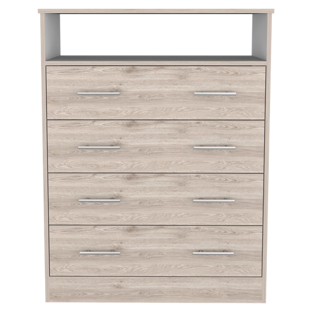 Four Drawer Dresser Wuju, One Shelf, Light Gray / White Finish-3