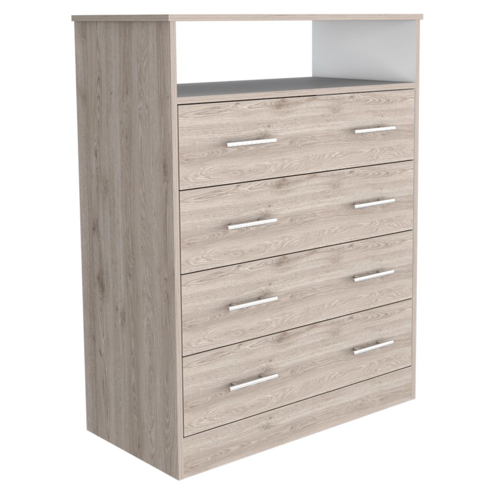 Four Drawer Dresser Wuju, One Shelf, Light Gray / White Finish-5