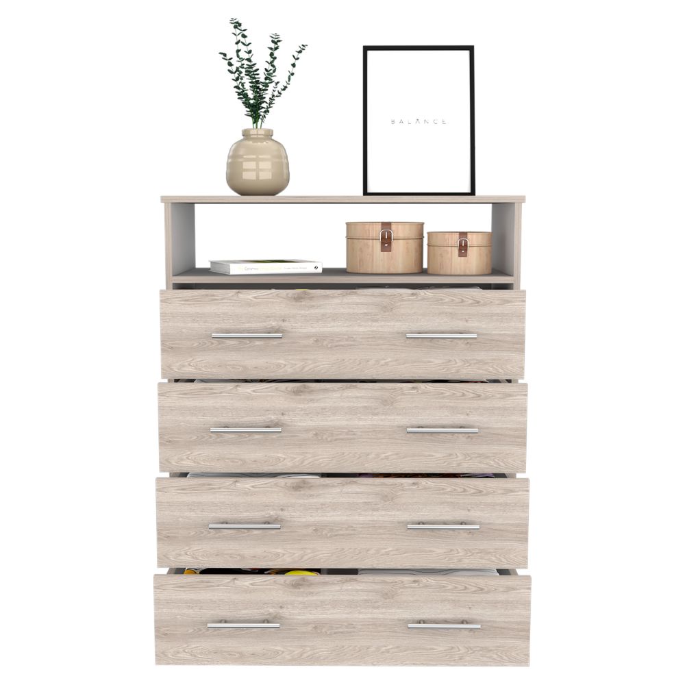 Four Drawer Dresser Wuju, One Shelf, Light Gray / White Finish-2