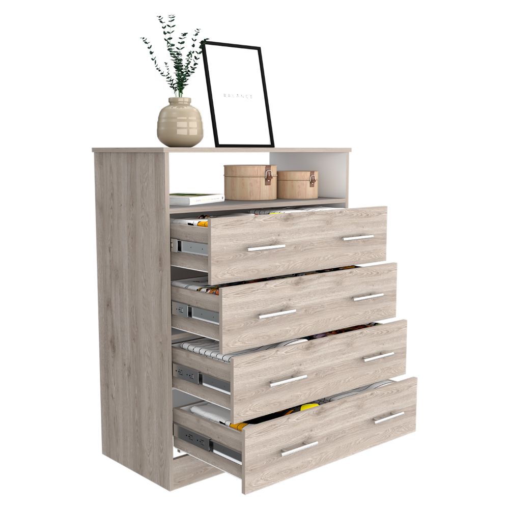 Four Drawer Dresser Wuju, One Shelf, Light Gray / White Finish-4