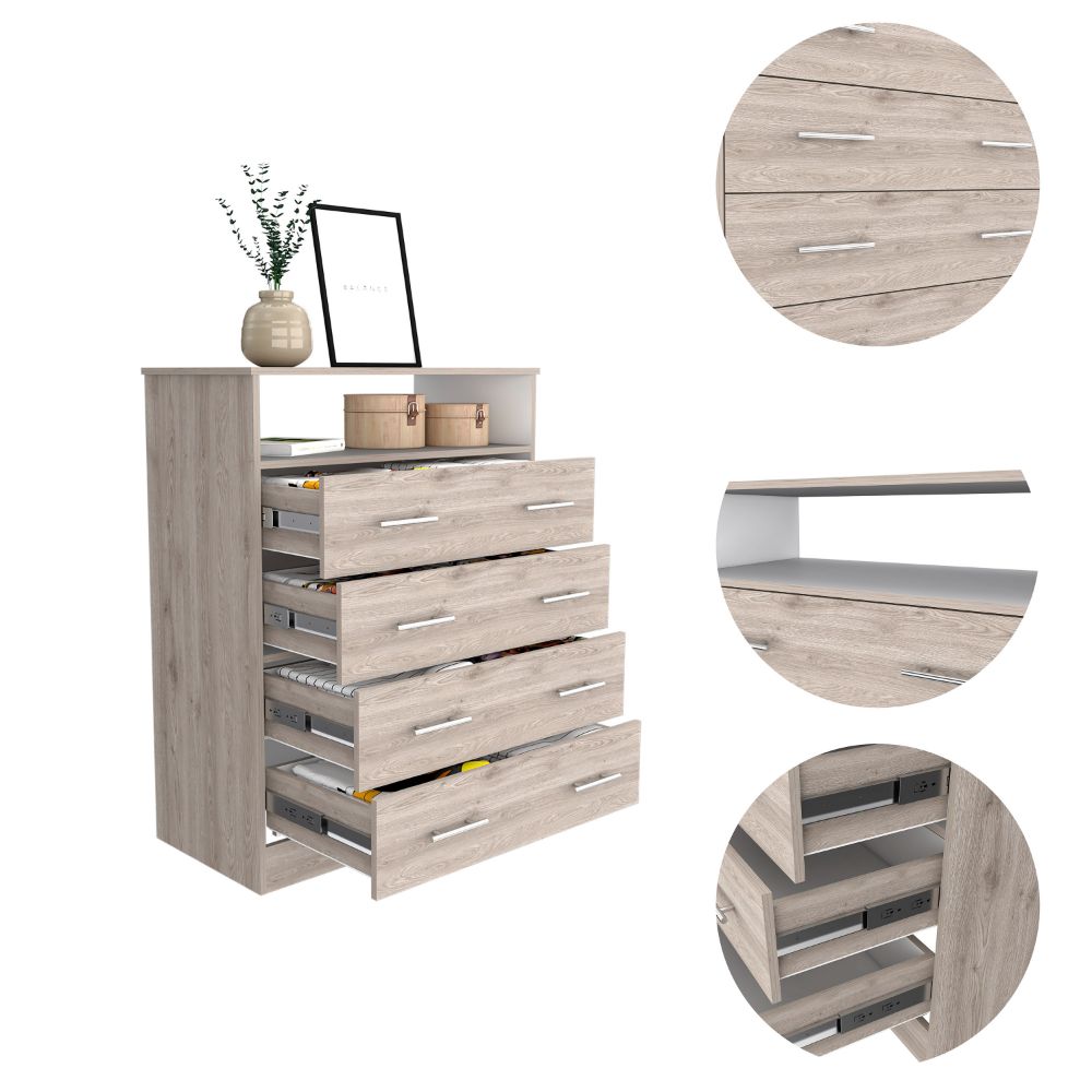 Four Drawer Dresser Wuju, One Shelf, Light Gray / White Finish-6
