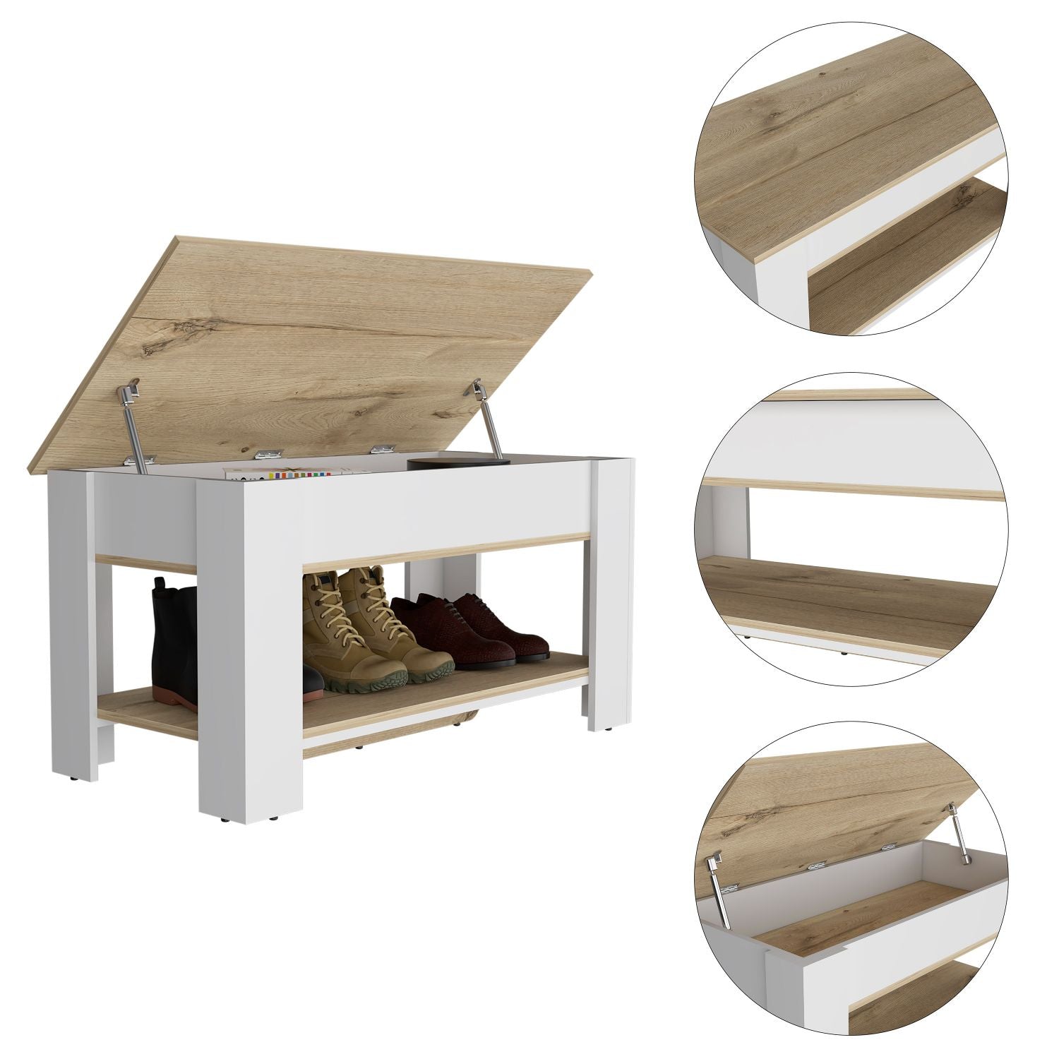 Storage Table Polgon, Extendable Table Shelf, Lower Shelf, Light Oak / White Finish-2