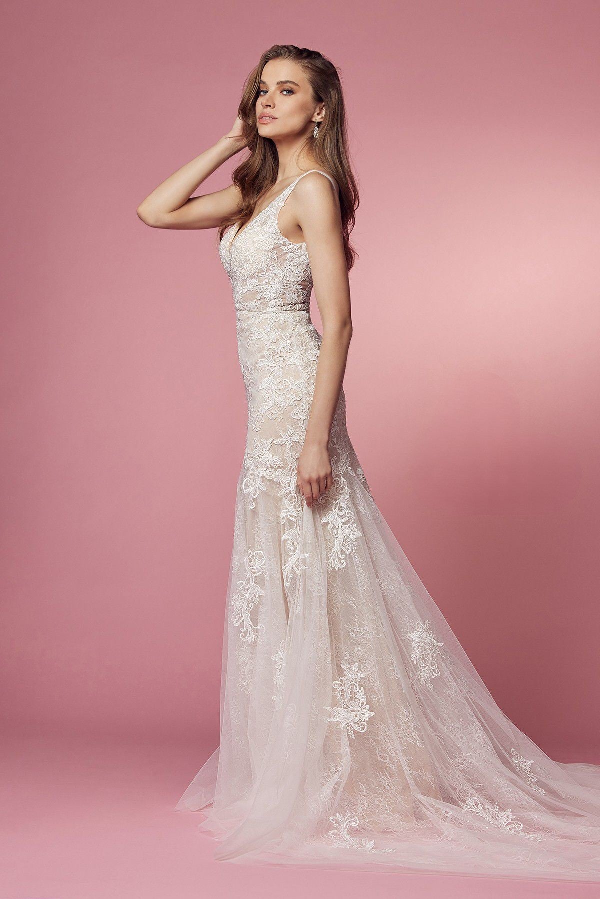 Plunging Neckline Laced Mermaid Long Wedding Dress NXH493-4