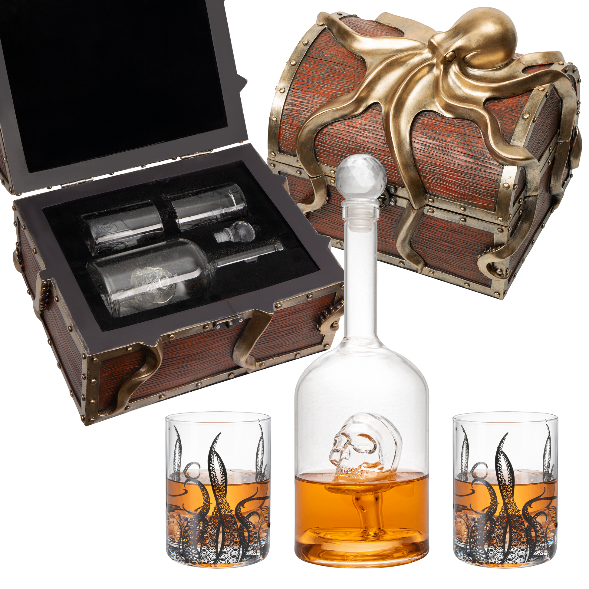 Octopus Kraken Chest Wine & Whiskey Decanter Set with 2 Glasses by The Wine Savant - Extraordinary Detail - Whiskey Gift Sets, Wine Gift Sets, Nautical Gifts, Kraken Sea, Sea Lover Gifts-0