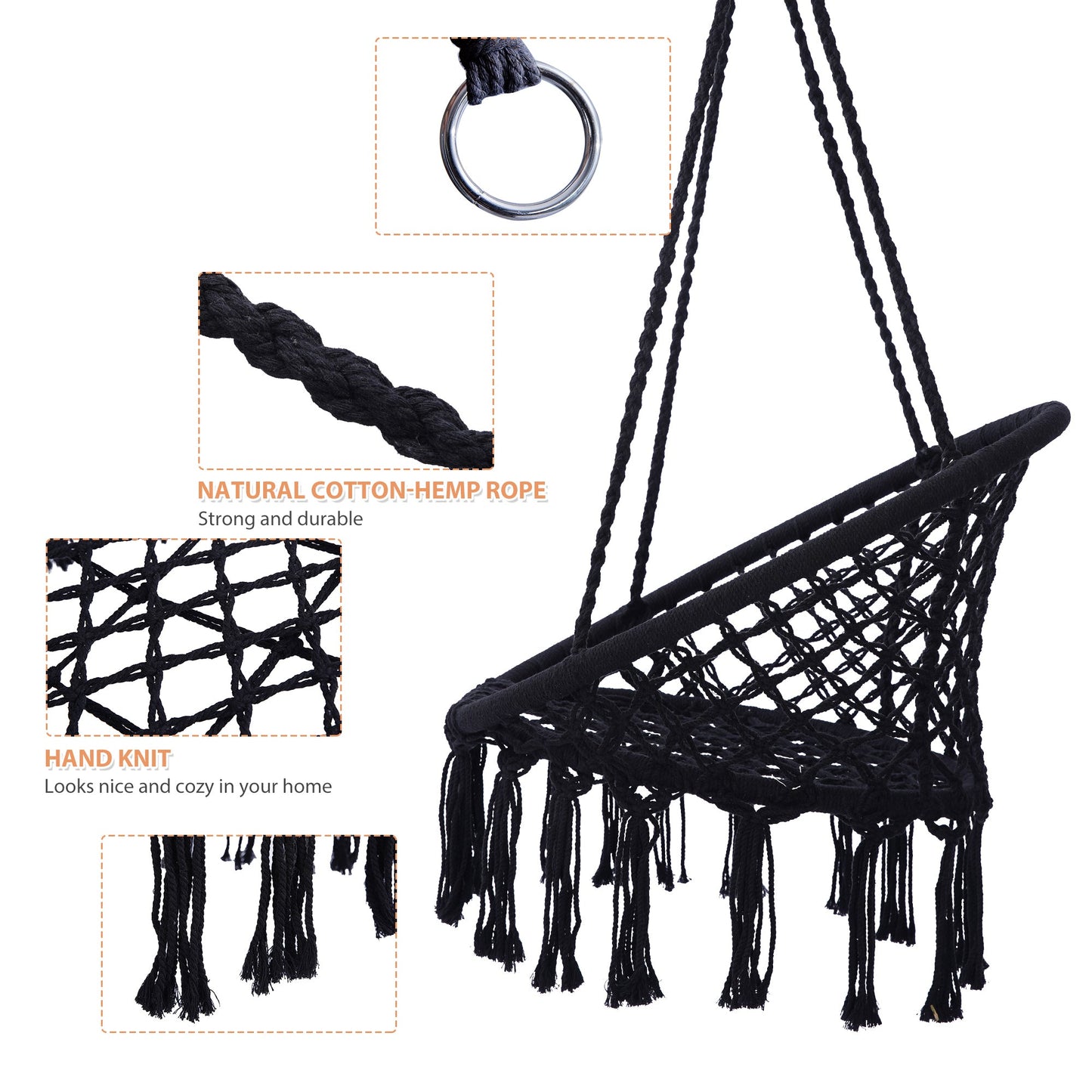 TOPMAX Black Macrame Swing Hammock Chair (Max 330 lbs)-3