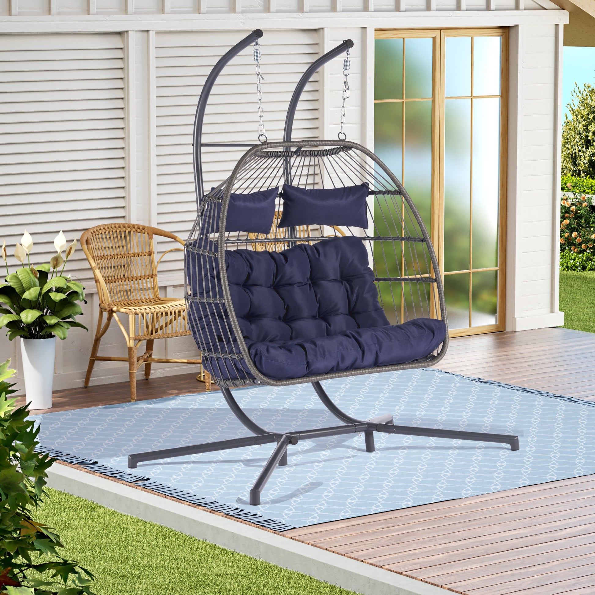 2 Person Outdoor Rattan Hanging Chair Patio Wicker Egg Chair-2