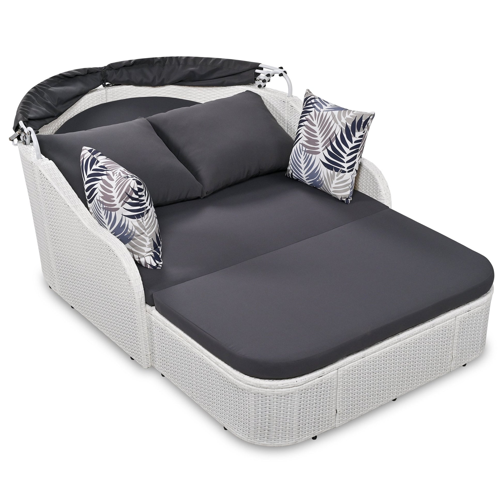 GO 79.9" Outdoor Sunbed with Adjustable Canopy, Double lounge, PE Rattan Daybed, White Wicker, Gray Cushion-8