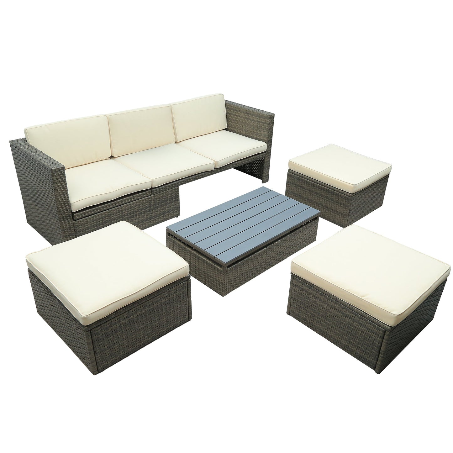 U_STYLE Patio Furniture Sets, 5-Piece Patio Wicker Sofa with Adustable Backrest, Cushions, Ottomans and Lift Top Coffee Table-8