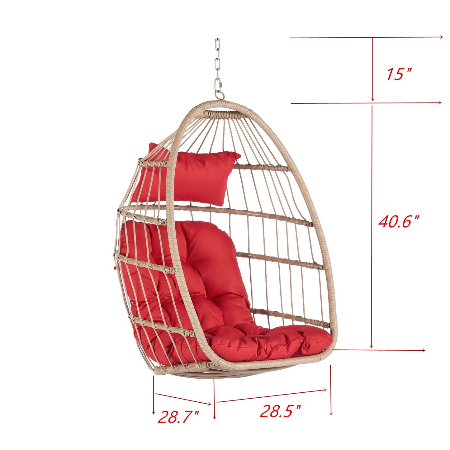 Outdoor Garden Rattan Egg Swing Chair Hanging Chair Wood+Red-5