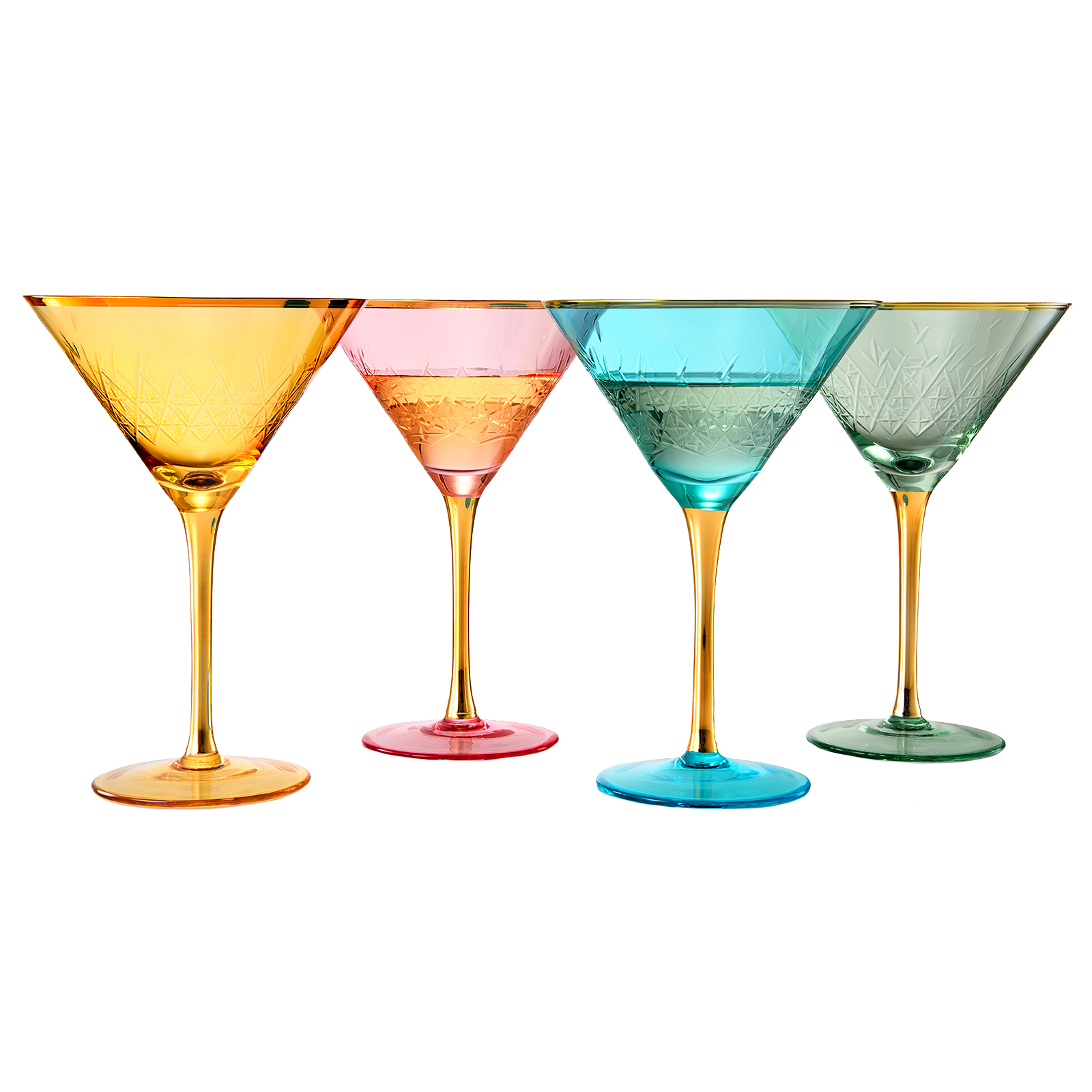 Crystal Martini Glasses Colored - Set of 4 - Stemmed Multi-Color Glass, Great for all Drink Types and Occasions - Luxury, Durable, Hand-Blown Vintage Art Deco Coupe for Champagne, Martini, Cocktails-0