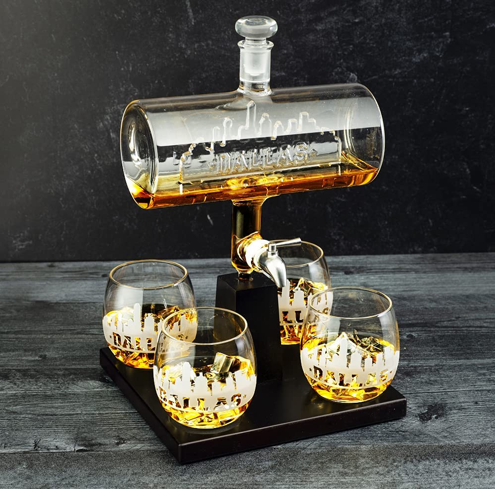 Wine & Whiskey Decanter Set 1100ml by The Wine Savant with 4 Whiskey Glasses, Drink Dispenser Scotch, Bourbon, Brandy Home Office Apartment Decor, Gifts - Dallas, Memphis, New York & Los Angeles Gifts-1