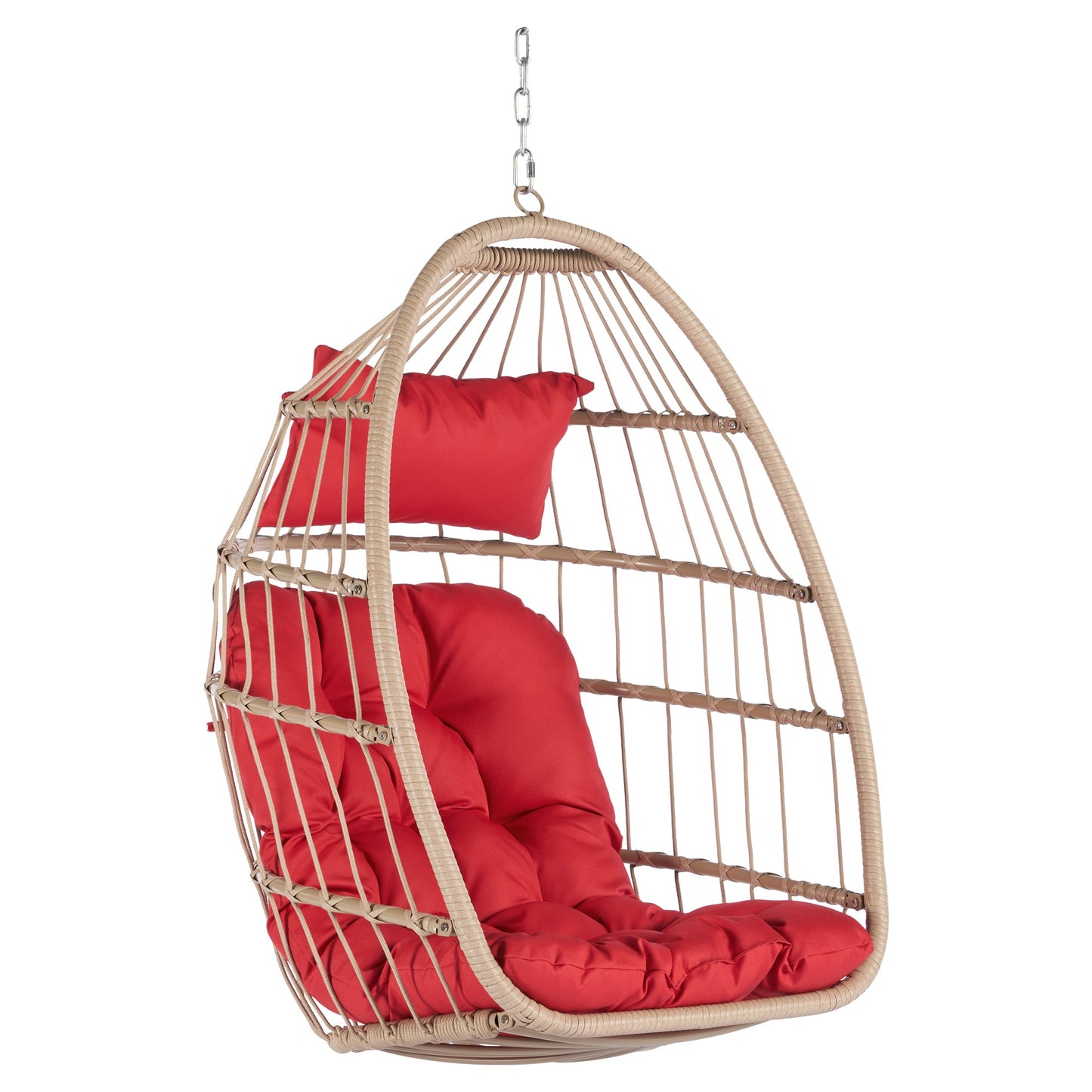 Outdoor Garden Rattan Egg Swing Chair Hanging Chair Wood+Red-3