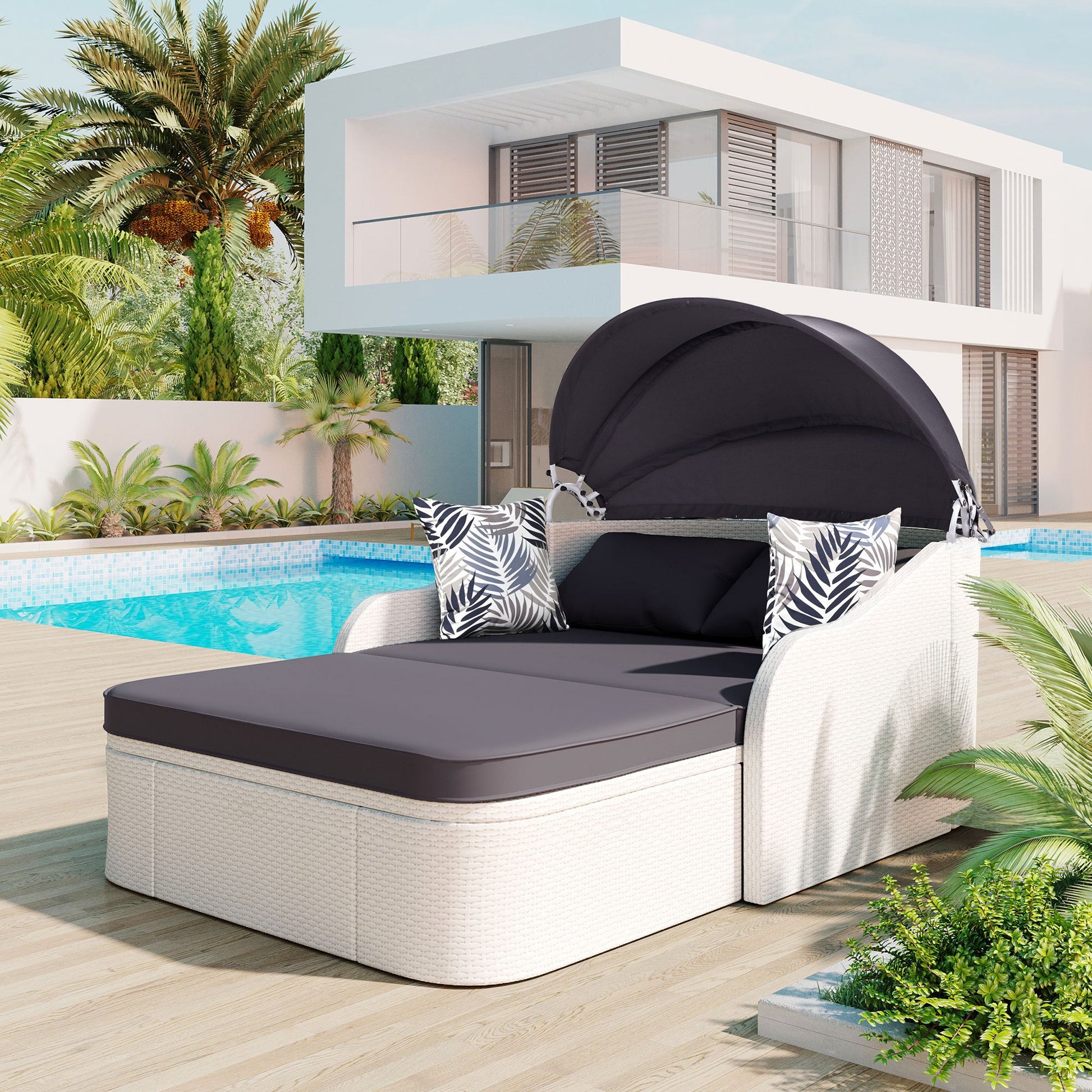 GO 79.9" Outdoor Sunbed with Adjustable Canopy, Double lounge, PE Rattan Daybed, White Wicker, Gray Cushion-1