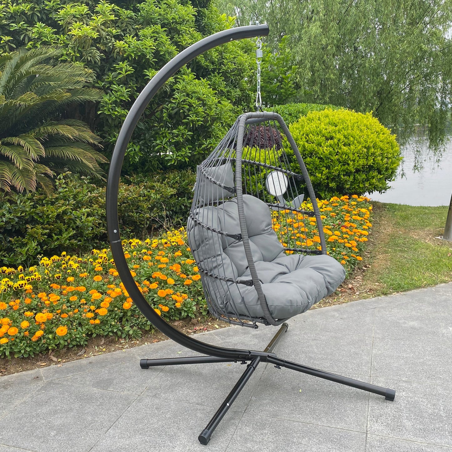 Outdoor Patio Wicker Folding Hanging Chair,Rattan Swing Hammock Egg Chair With C Type Bracket, With Cushion And Pillow-14