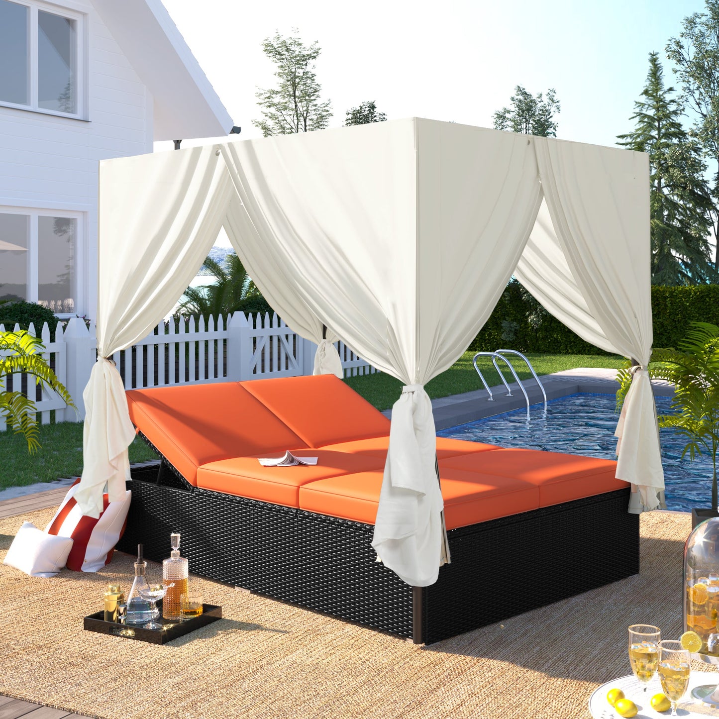 U_STYLE Outdoor Patio Wicker Sunbed Daybed with Cushions, Adjustable Seats-1