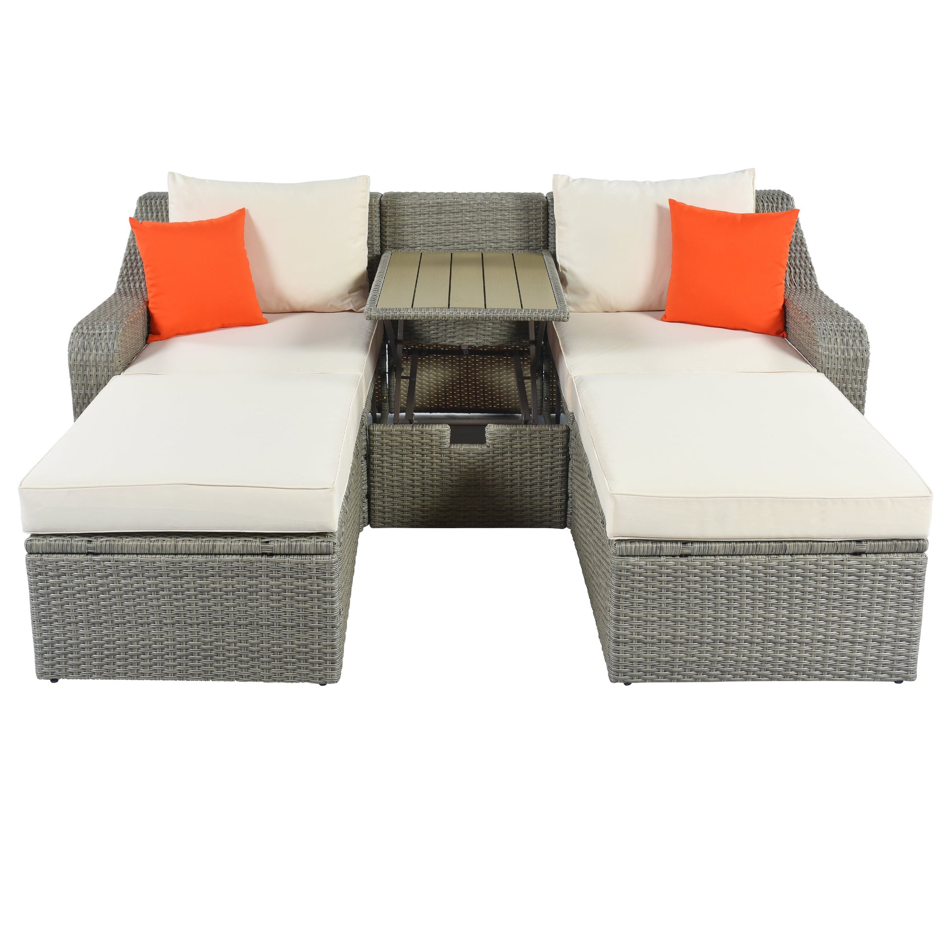 U_STYLE Patio Furniture Sets, 3-Piece Patio Wicker Sofa with  Cushions, Pillows, Ottomans and Lift Top Coffee Table-3