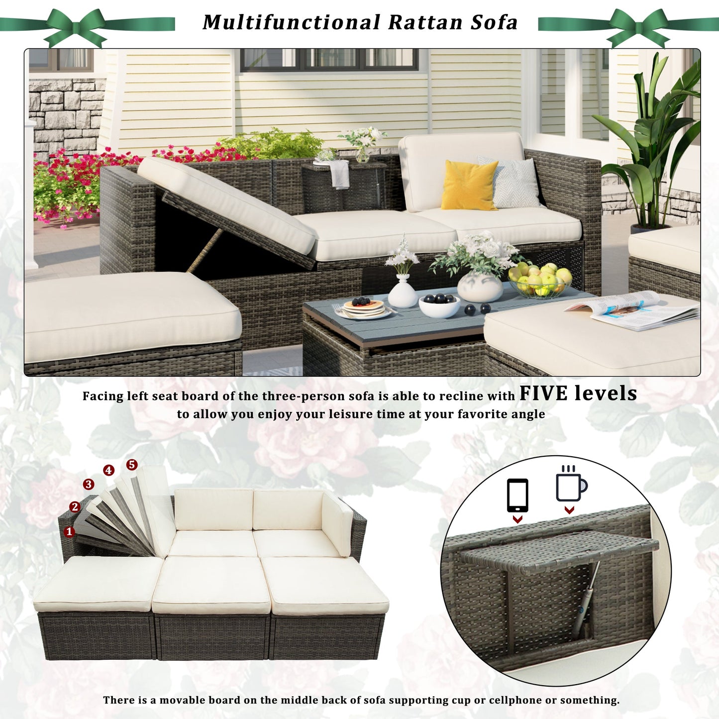 U_STYLE Patio Furniture Sets, 5-Piece Patio Wicker Sofa with Adustable Backrest, Cushions, Ottomans and Lift Top Coffee Table-15